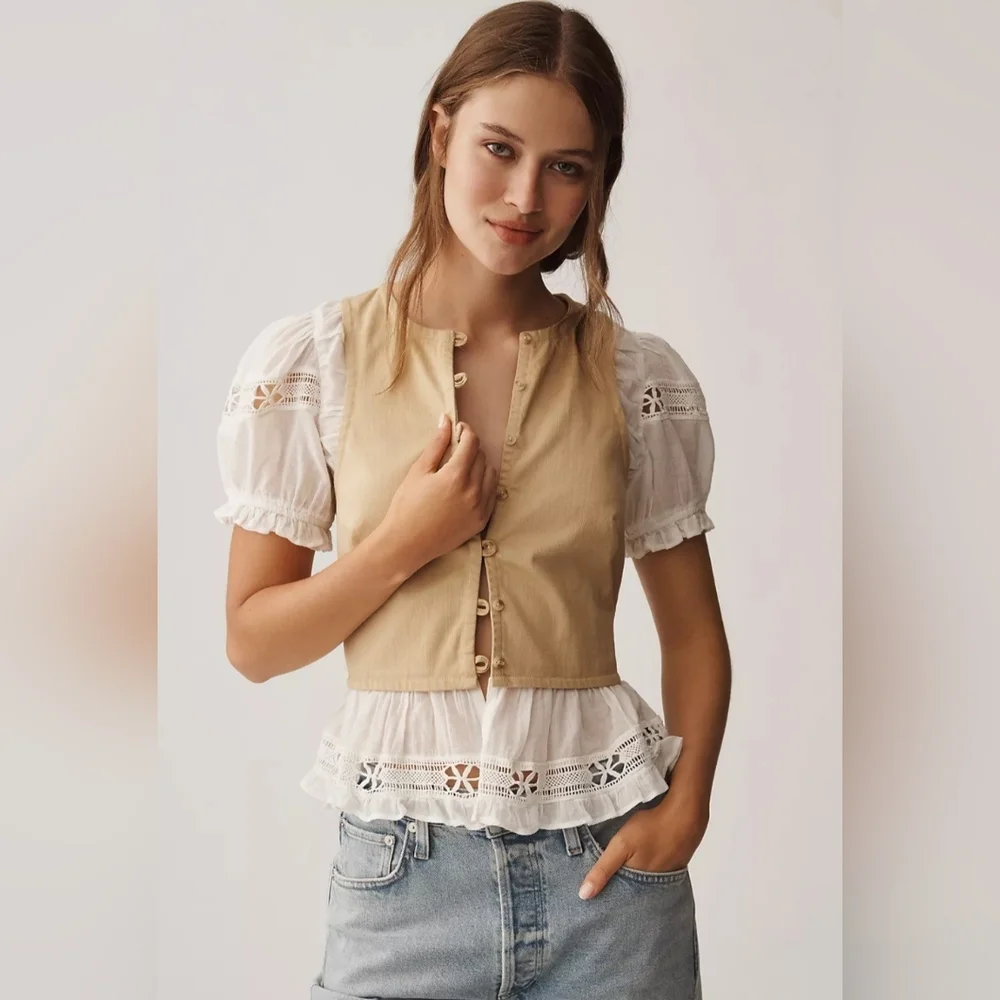 NWT Anthropologie Tan Puff Sleeve Twofer Top